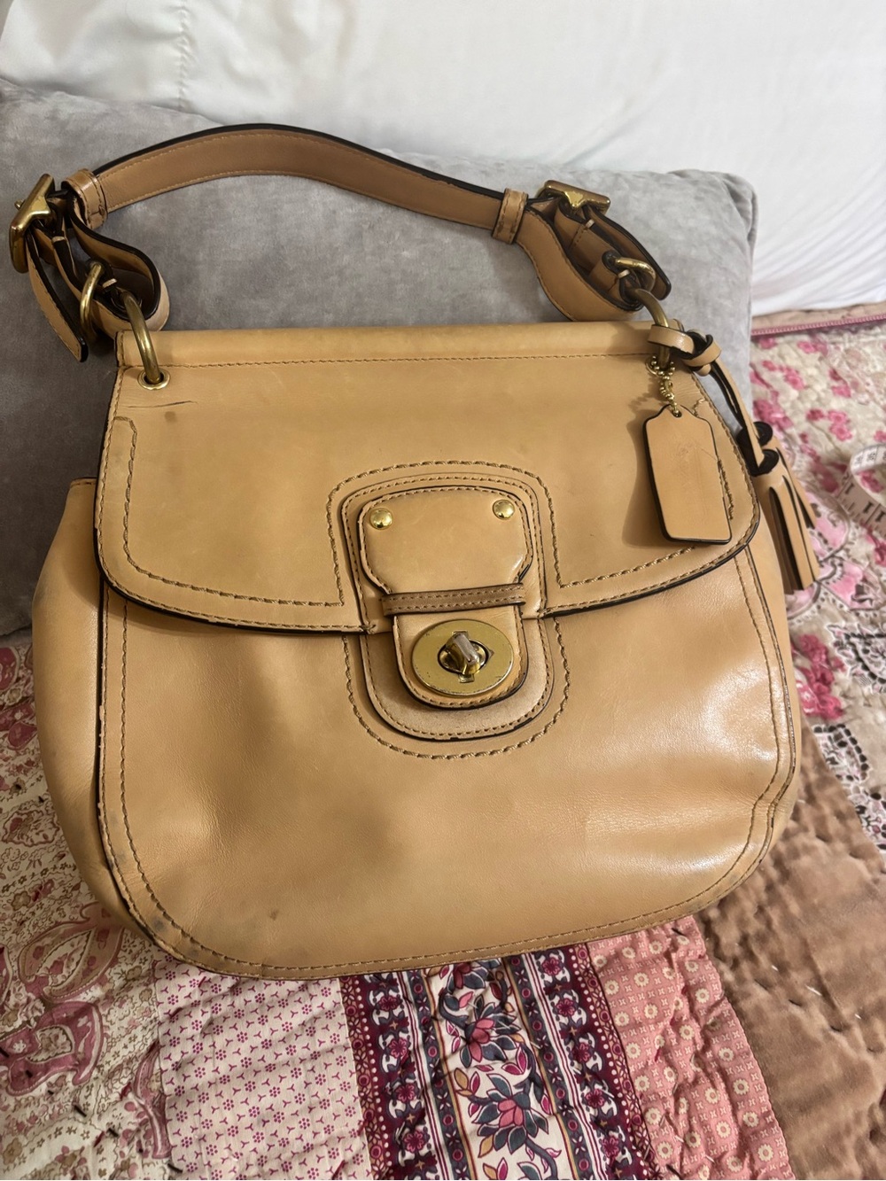 Coach Tan Leather Shoulder Bag with Gold Hardware